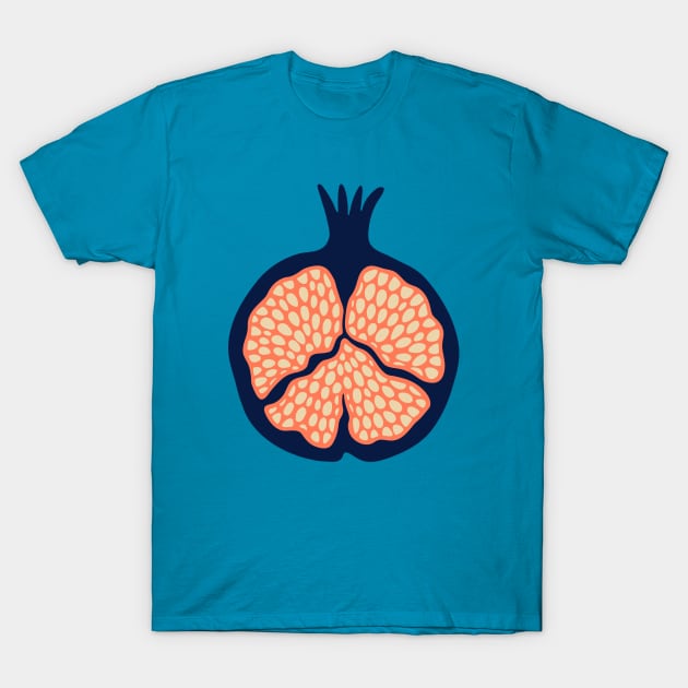 POMEGRANATE Fresh Plump Ripe Tropical Fruit in Dark Blue with Orange Seeds - UnBlink Studio by Jackie Tahara T-Shirt by UnBlink Studio by Jackie Tahara